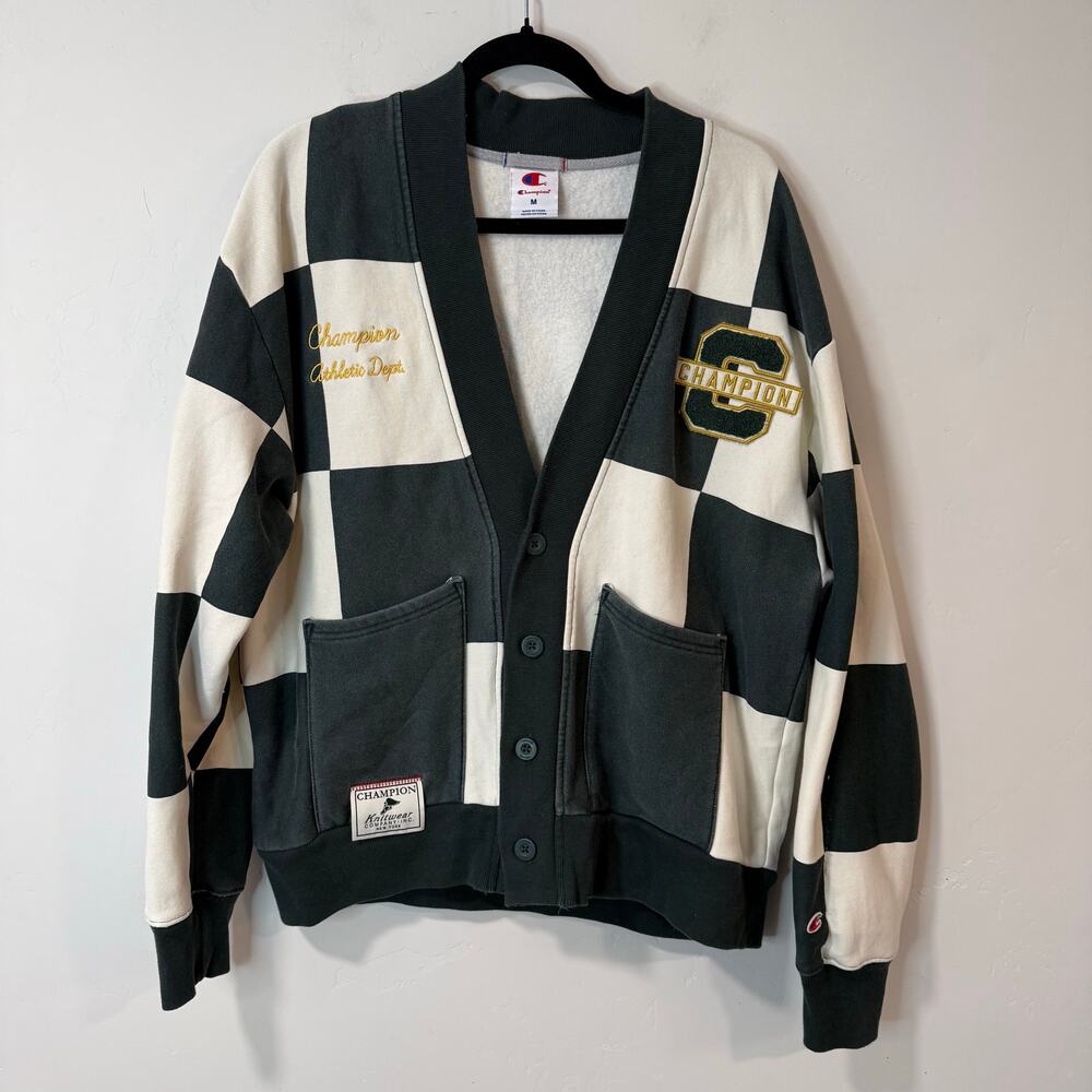 Champion‎ Unisex Varsity Check Cardigan Sweater Fleece Green White Medium